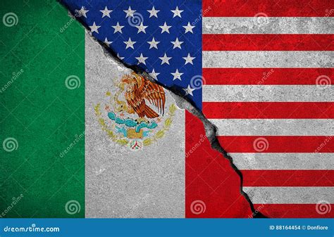 Mexico Flag on Broken Brick Wall and Half Usa United States of America Flag, Crisis Trump ...