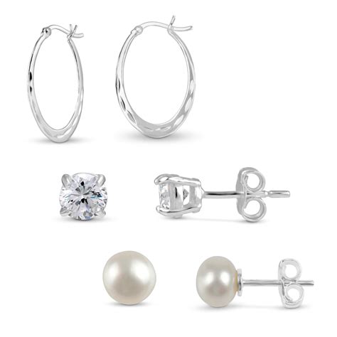 3 Pair Sterling Silver Hoop And Stud Earring Set