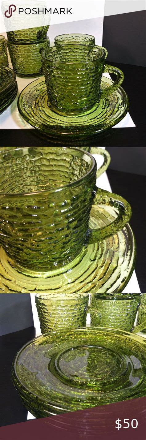 Anchor Hocking Soreno Avocado Green Glass Cup Saucer 5 Sets Vintage Mcm Set Vintage Green