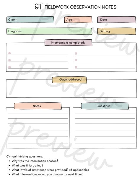 Occupational Therapy Student Observation Note Template Ot Fieldwork