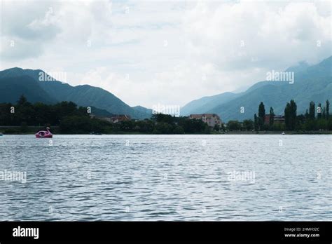 Swan Paddle Boat With Buildings In Background On Lake Kawaguchi In