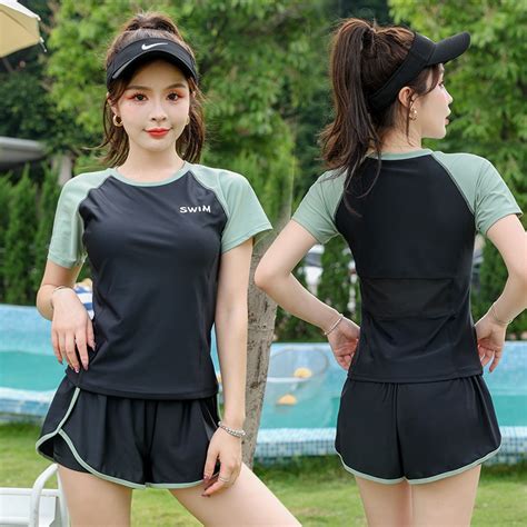Bikini Đồ Bơi Nữ Kín Đáo Đùi Ngắn Tay Đi Biển Có miếng đệm ngực Quần lót boxer chia đôi lớp