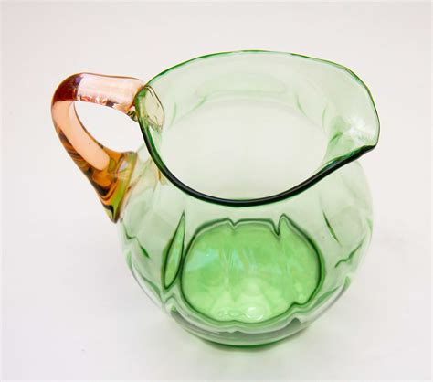 Large Vintage Green Glass Water Fruit Jug Pitcher With Pink Glass