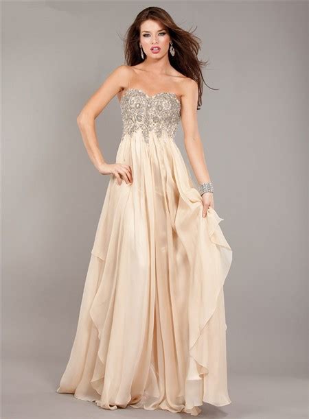 Flowing Strapless Empire Waist Long Champagne Chiffon Beaded Prom Dress