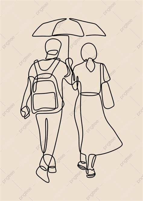 Couple Under Umbrella Romantic Oneline Continuous Single Line Art Simplicity Rainy Male Png