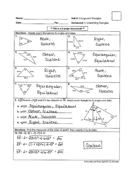 Classifying Triangles Hw Key Name Unit Congruent Triangles