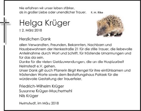 Traueranzeigen von Helga Krüger trauer38 de