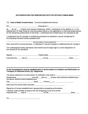 Fillable Online Authorization For Disposition With Or Without