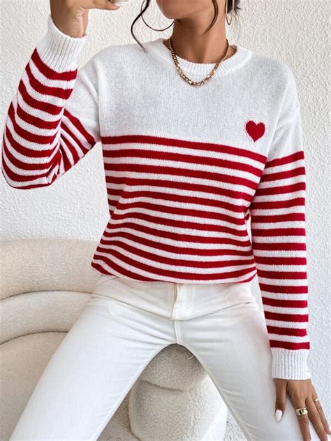 SHEIN Essnce Heart Stripe Pattern Drop Shoulder Jumper SHEIN UK