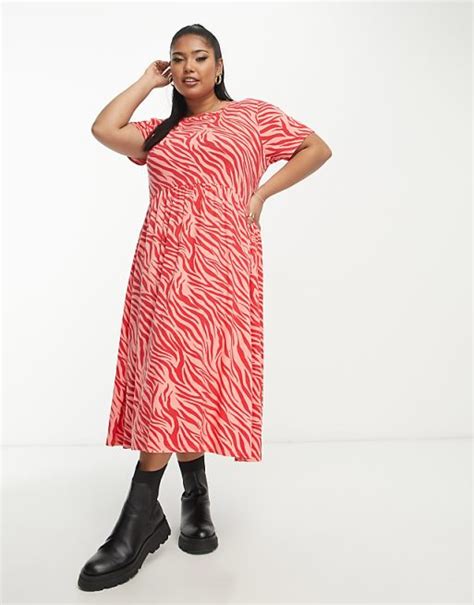 Wednesdays Girl Curve Relaxed Midi Smock Dress In Pink Red Zebra Asos