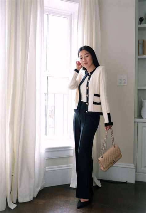 Black Trouser Outfits Chanel Inspired Tweed Sweater Jacket Outfits