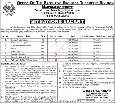 Irrigation Department Sindh Jobs July August Tubewells Division