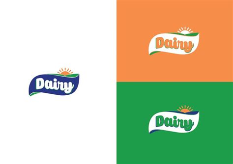 three logos for dairy brand on different colors