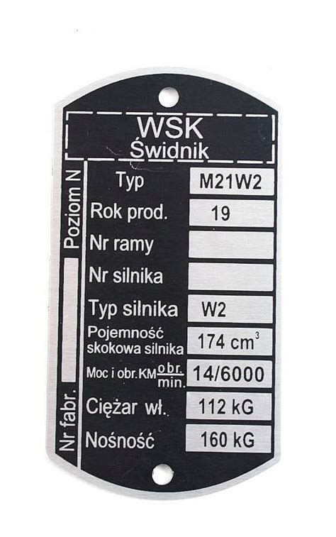 Tabliczka znamionowa ramy motocykla WSK ŚWIDNIK M21W 2 M 1 na ramę 8705