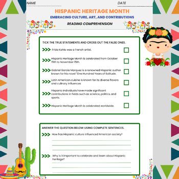 Hispanic Heritage Month Reading Comprehension Worksheet Tpt