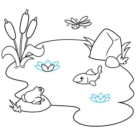 an image of a pond with fish and flowers in the water coloring page for ...