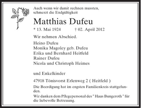 Alle Traueranzeigen für Matthias Dufeu trauer rp online de