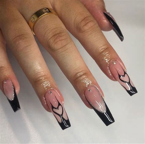 Black French Tip Nails With Thin Silver Line And Two Black Graphic