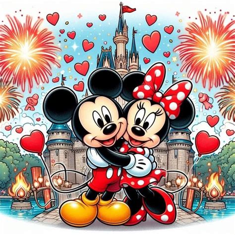 Two Mickey And Minnie Mouse Hugging In Front Of A Castle With Fireworks