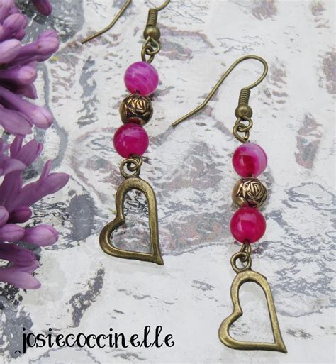 Boucles D Oreille Bronzes Coeur Suspendu Et Billes Roses Par