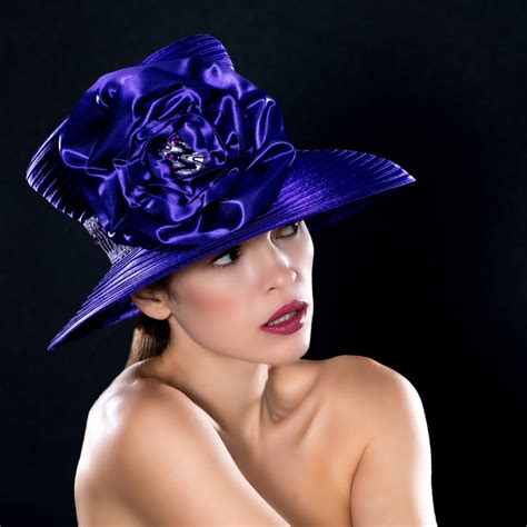 Purple satin wide brim church hat with sequin trim - Shenor Collections