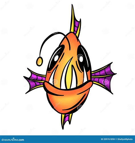 Colour Cartoon Anglerfish Fish Outline Illustration Vector Royalty Free