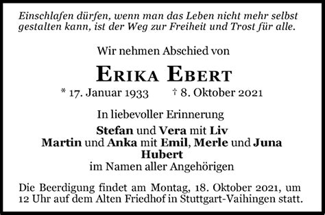 Traueranzeigen Von Erika Ebert Stuttgart Gedenkt De