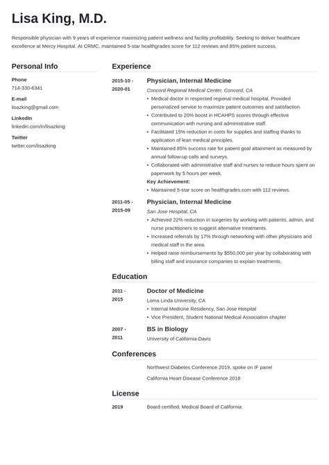 Medical Doctor Resume Examples And Tips Md Cv Template