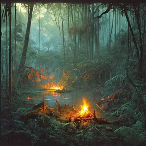 Landscape Painting Lush And Dark Jungle Small Hunt