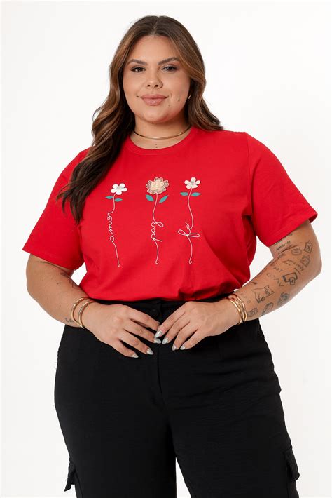 T Shirt Plus Size Flores Amor Paz Fe Aplicacao Bordado Com Ponto De Luz