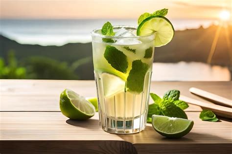 Un Vaso De Agua Con Limas Y Limas Sobre La Mesa Foto Premium