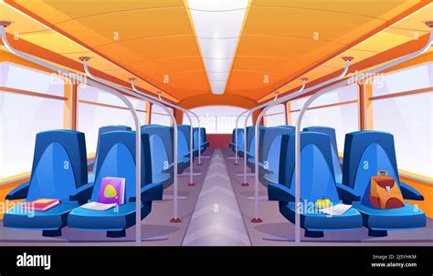 School bus interior with blue seats. Vector cartoon empty passenger ...