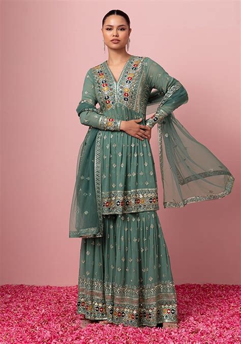 Buy Women Sage Green Sequin Boota Embroidered Sharara Set With Kurta