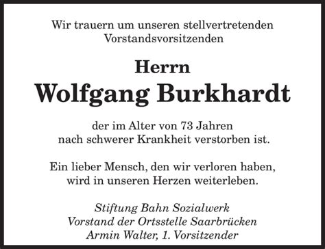 Traueranzeigen Von Wolfgang Burkhardt Saarbruecker Zeitung Trauer De