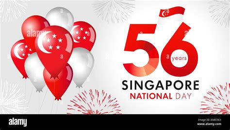 56 Years Anniversary Of Singapore National Day With Balloons And Flag