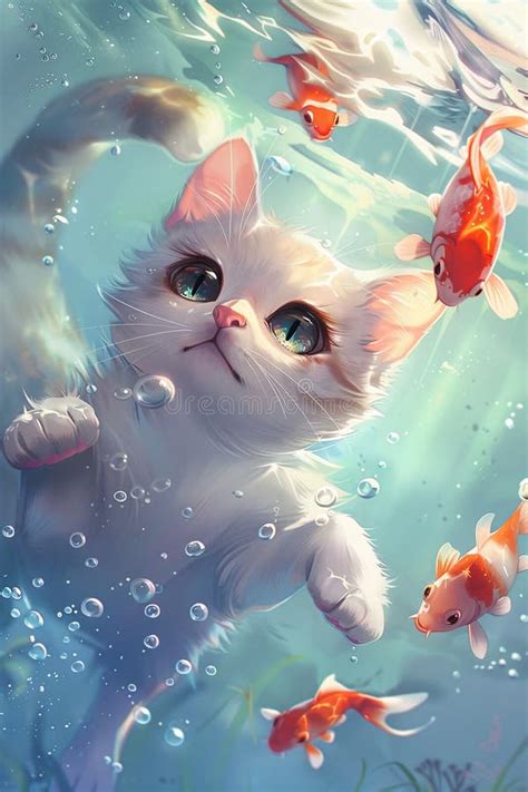 Cute White Cat Swimming Underwater With Goldfish Stock Illustration