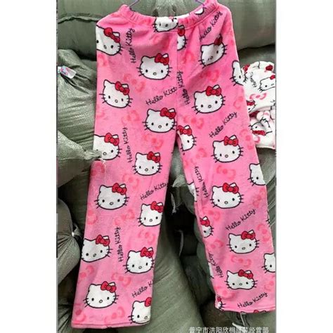 Halloween Sanrio Hello Kitty Pajama Pants Anime Fleece Double Elastic Fabric Soft Trousers Women