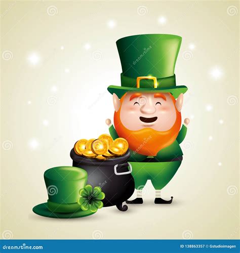 St Patrick Elf With Coins Inside Cauldron And Hat Stock Vector