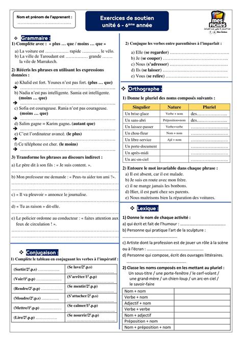 Exercices de soutien et remédiation unité 6 6AEP Exercice grammaire