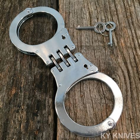 Professional Double Lock Chrome Steel Hinged Police Handcuffs W Keys