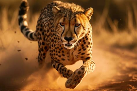 Cheetah running in dust in Kruger Park, South Africa, Specie Acinonyx jubatus family of Felidae ...