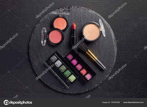 Makeup Set Eye Shadows Lipstick Slate Background — Stock Photo