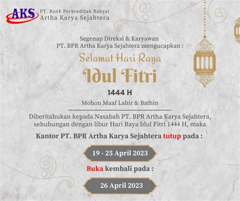 Pengumuman Libur Hari Raya Idul Fitri 1444 H PT BPR Artha Karya