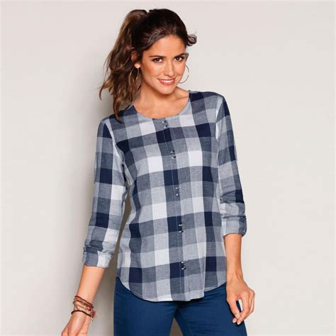 Blouse Manches Longues Ajustables Carreaux Bas Arrondi Femme