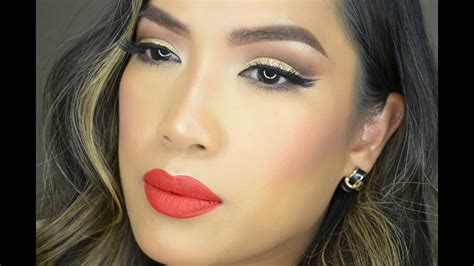 Holiday Glam Makeup Tutorial Classic Gold Glitter Cut Crease And Red