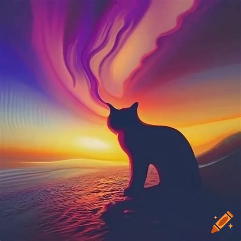 Abstract Expressionism Painting Of A Sunrise Landscape With A Cat On