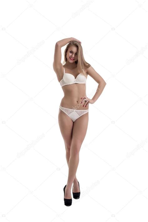Smiling Long Haired Model Posing In White Lingerie Stock Photo Wisky 84544572