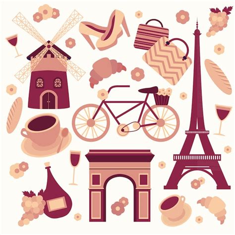 Free Vector Paris Symbols Collection Of Eiffel Tower French Croissant Coffee And Culture Isolated