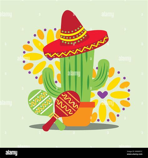 Viva Mexico Celebration Cactus With Red Hat Rattles Hearts Vector