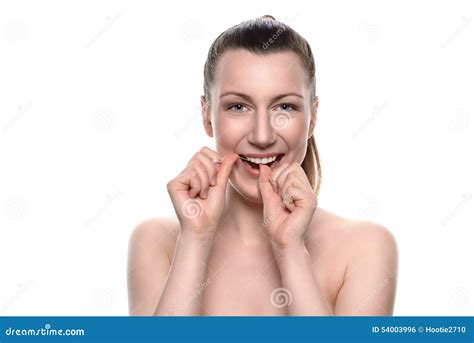 Smiling Naked Woman Using Dental Floss Stock Photo Image Of Decay Female